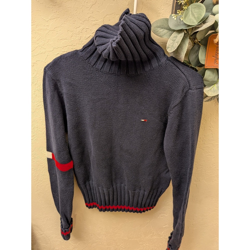 Tommy Jeans Navy Blue Turtleneck Sweater Ribbed Knit Flag Logo Stripe Large